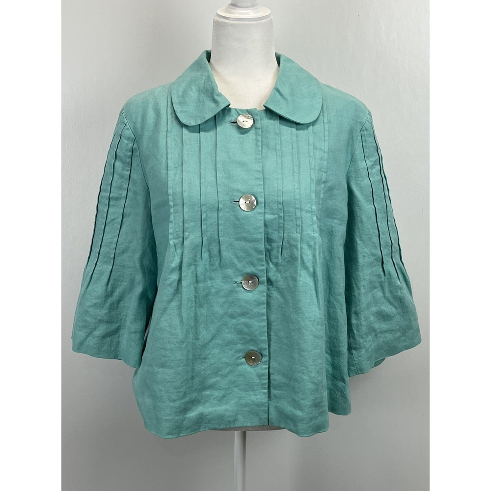 Orvis 100% Linen Jacket Sz Medium Womens Full Button Pleated Large Buttons Beach